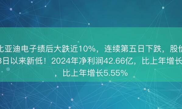 比亚迪电子绩后大跌近10%，连续第五日下跌，股价创2月3日以来新低！2024年净利润42.66亿，比上年增长5.55%